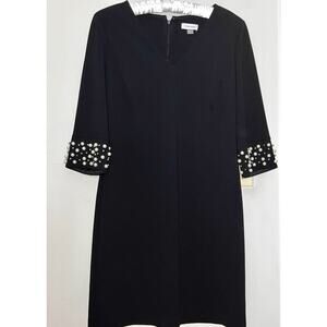 CALVIN KLEIN CK BLACK STRETCH DRESS EMBELLISHED CUFFS GOLD SILVER PEARLS SIZE 12